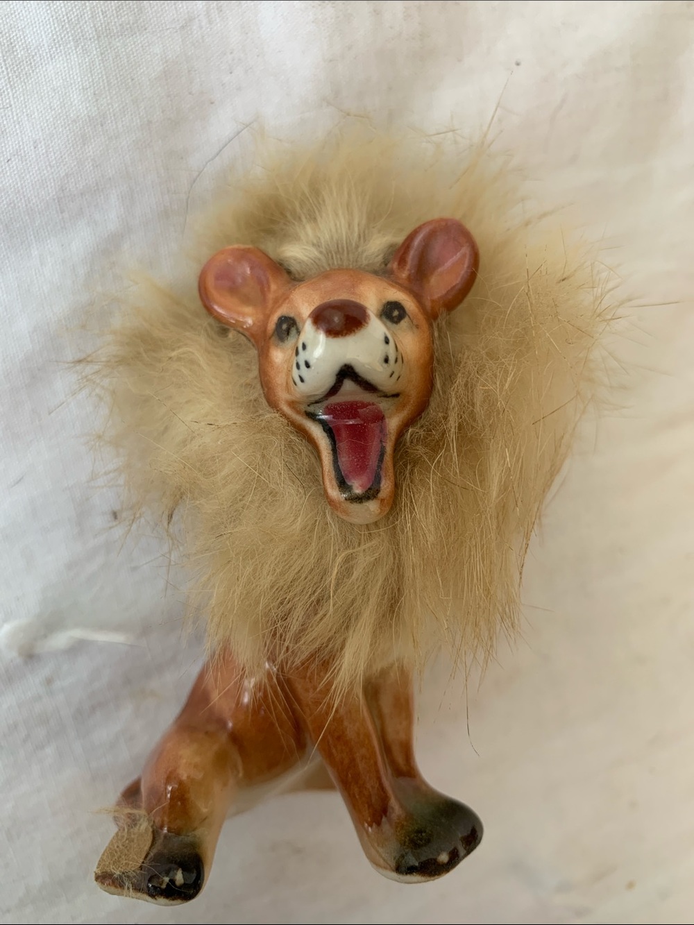 Vintage Japan Ceramic Lion Figurine Faux Fur Mane Roaring Kitsch MCM 3”